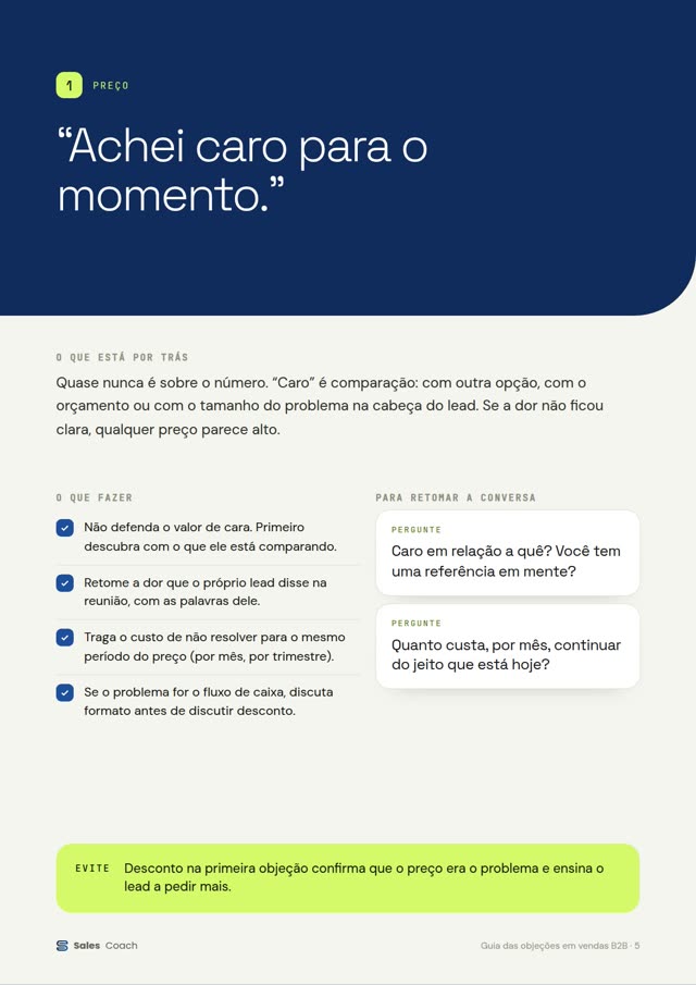 Página da objeção de preço