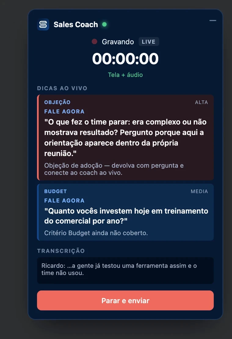 Extensão do Sales Coach com o coach ao vivo durante a reunião
